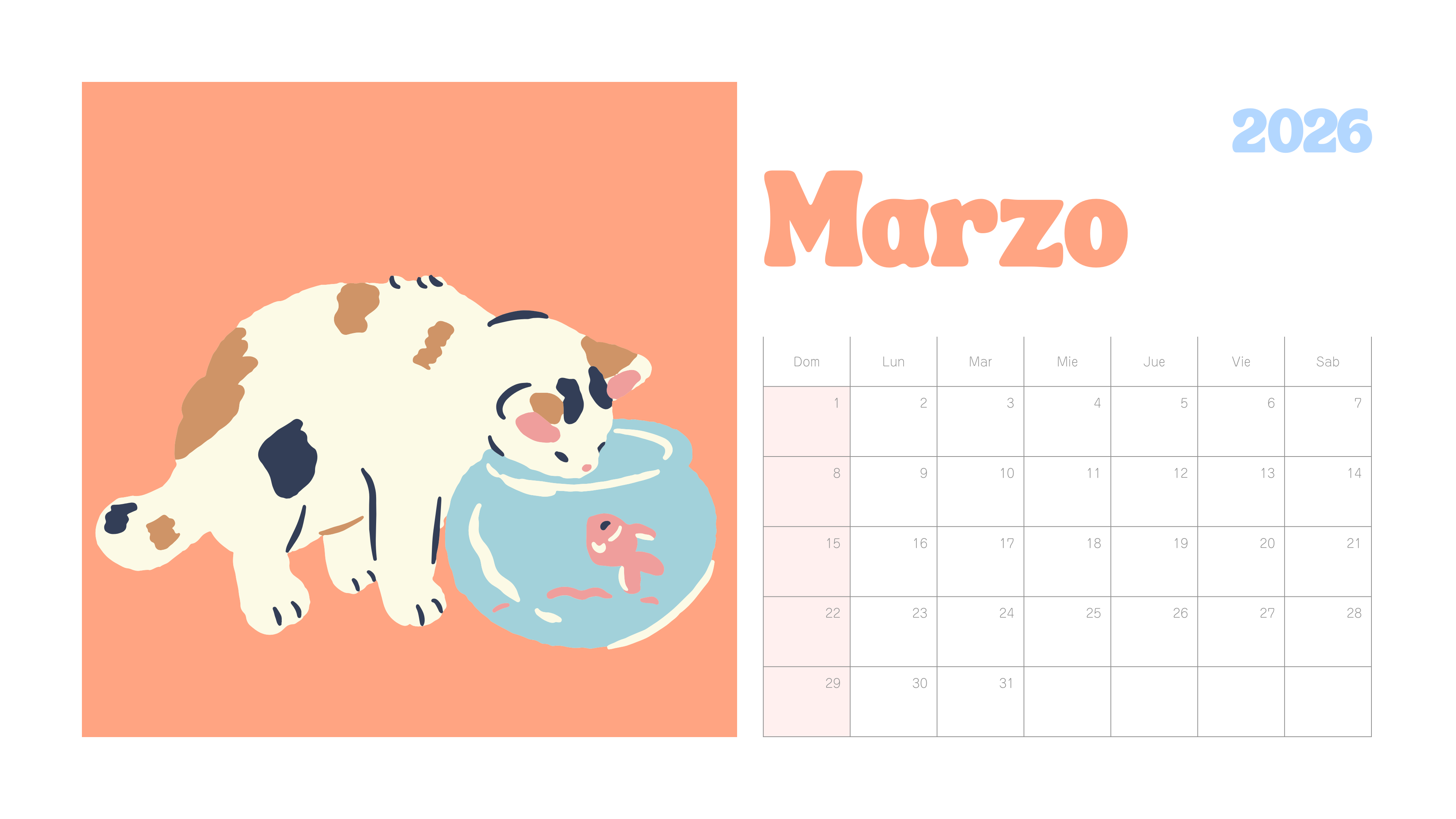 Calendario Horizontal Pets 2026 – Gatitos y perritos 🐾