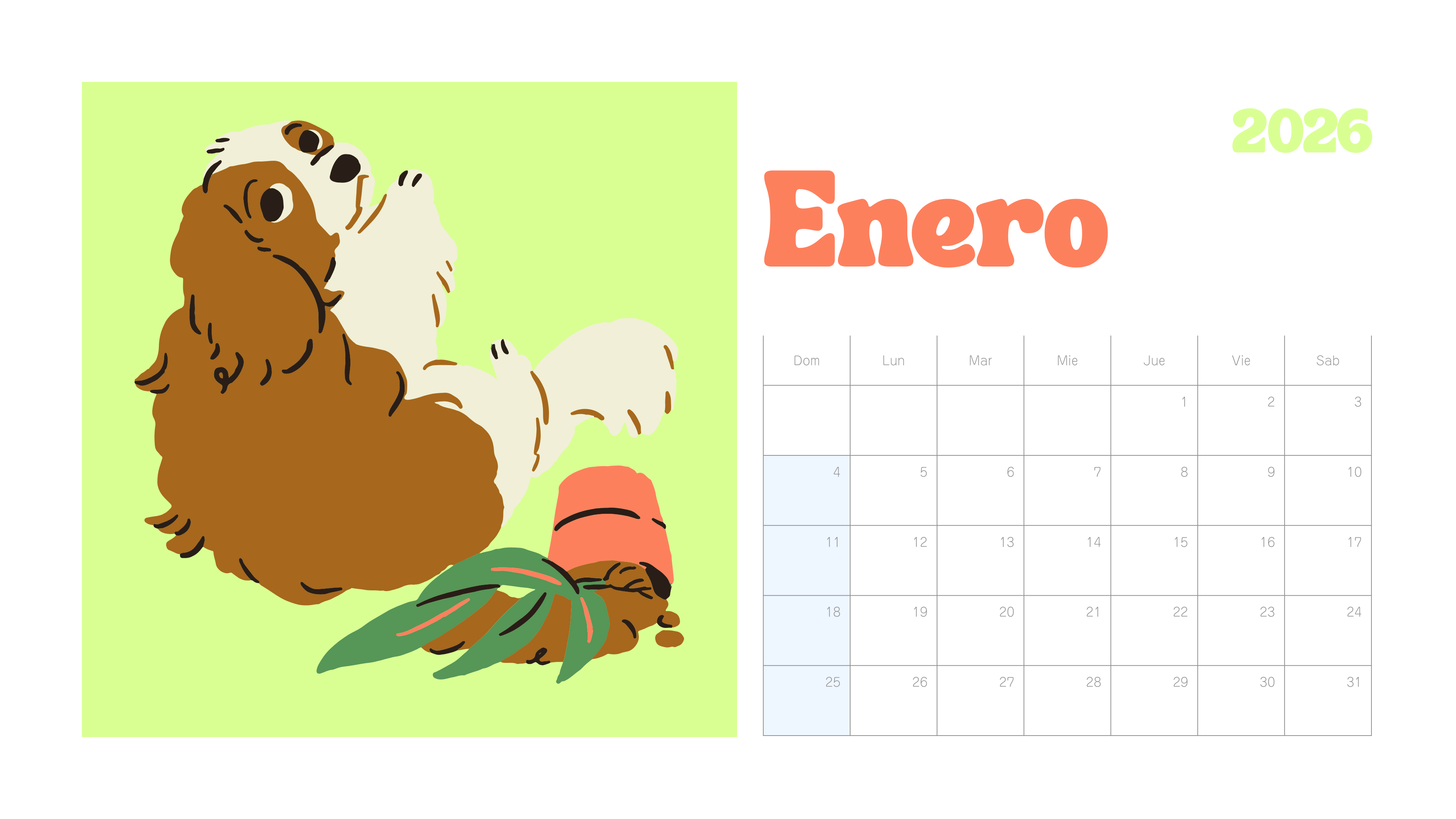 Calendario Horizontal Pets 2026 – Gatitos y perritos 🐾